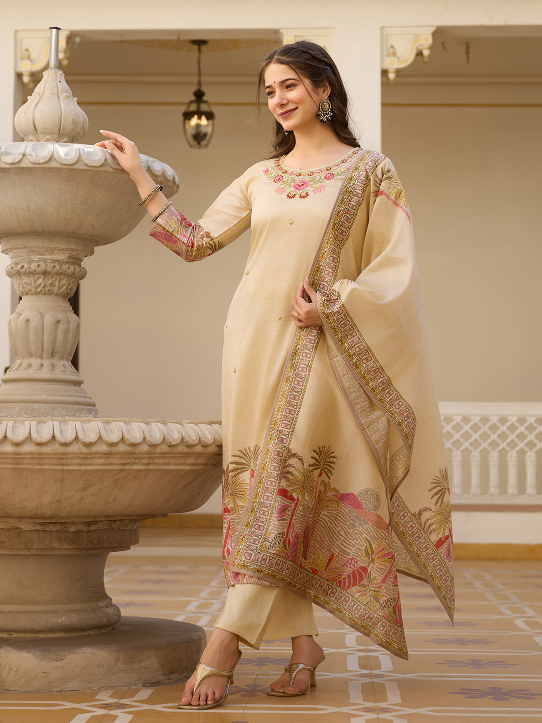 Cream silk salwar suit with embroidery