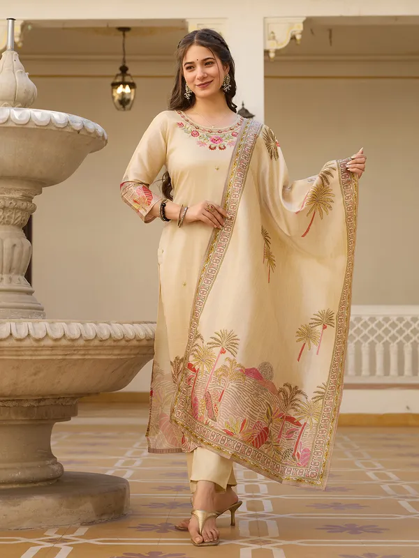 Cream Assam Silk Salwar Suit With Bead Embroidery