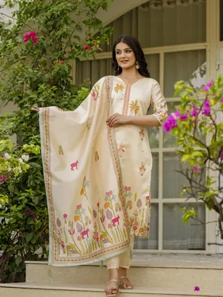 Cream Threadwork Assam Silk Readymade Salwar Suit
