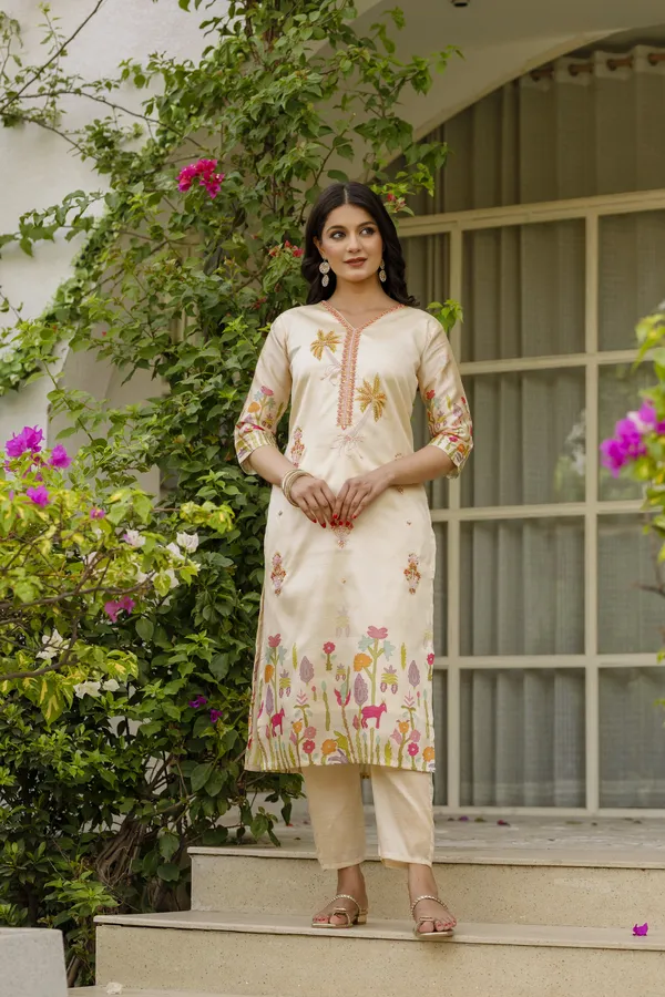 Cream Threadwork Assam Silk Readymade Salwar Suit