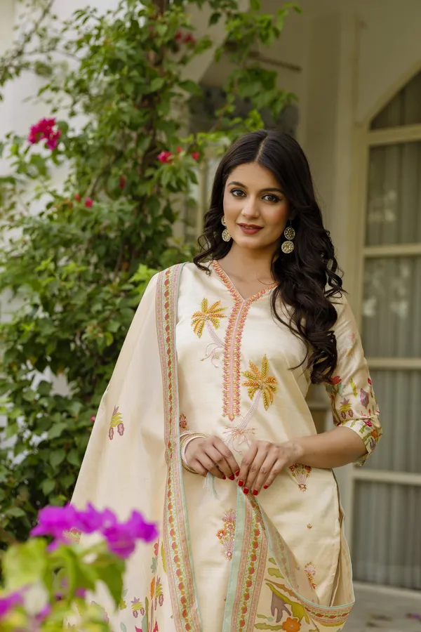 Cream Threadwork Assam Silk Readymade Salwar Suit