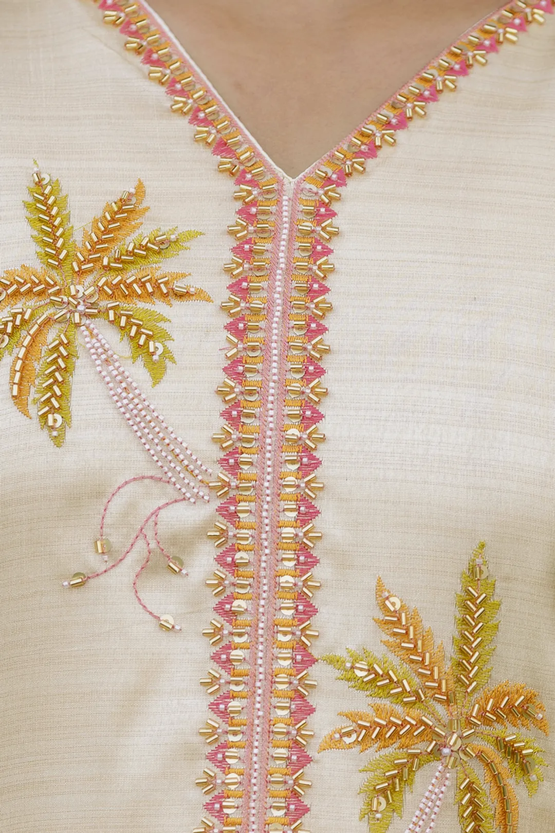 Cream Threadwork Assam Silk Readymade Salwar Suit