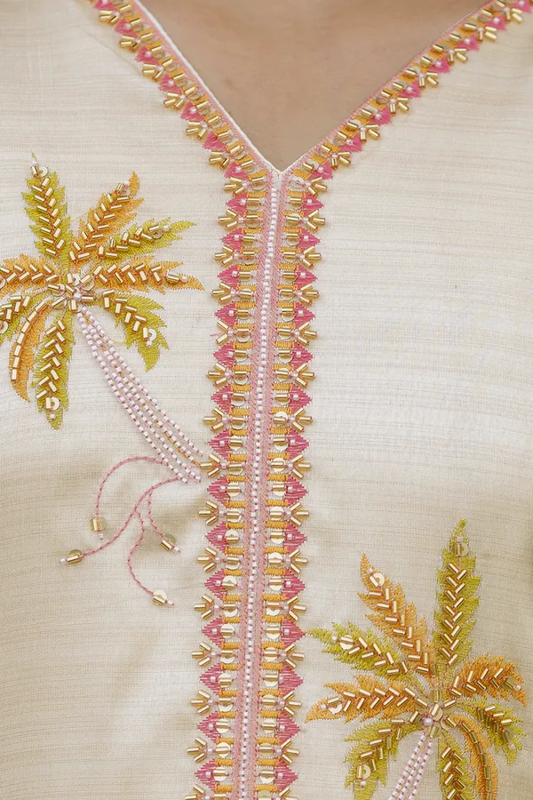 Cream Threadwork Assam Silk Readymade Salwar Suit