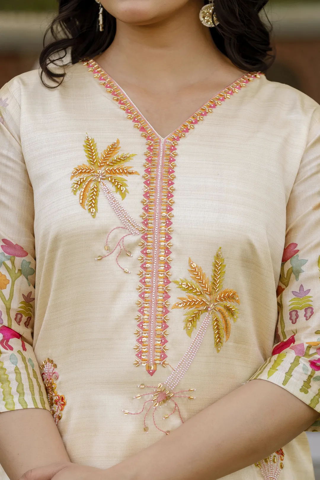 Cream Threadwork Assam Silk Readymade Salwar Suit