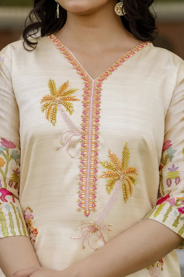 Cream Threadwork Assam Silk Readymade Salwar Suit