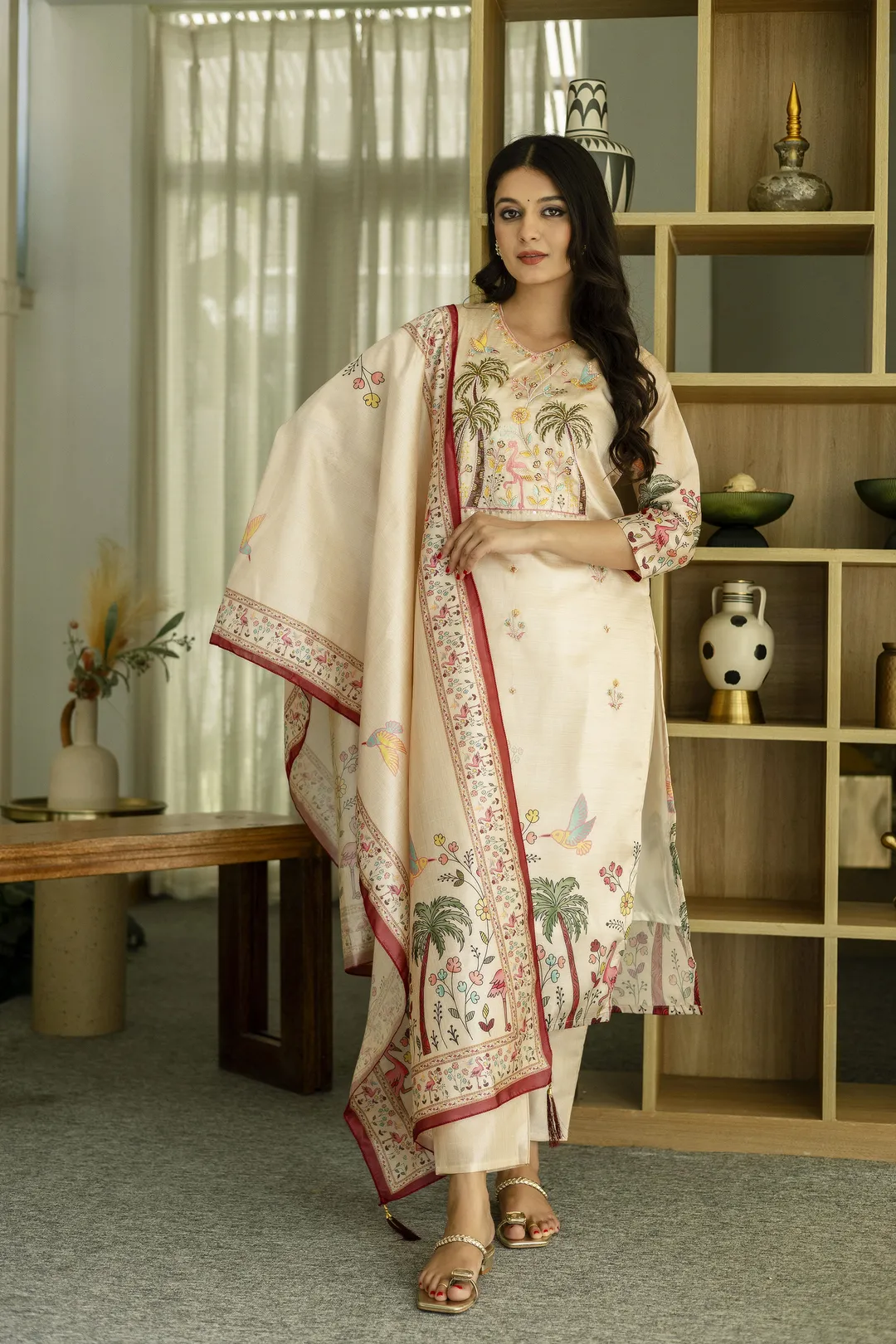 Cream Threadwork Printed Readymade Salwar Suit
