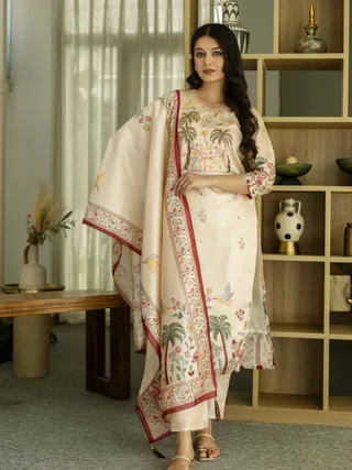 Cream Threadwork Printed Readymade Salwar Suit