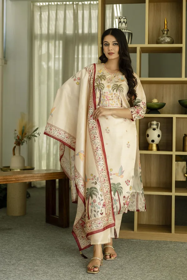 Cream Threadwork Printed Readymade Salwar Suit