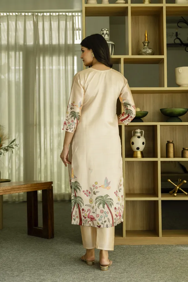 Cream Threadwork Printed Readymade Salwar Suit