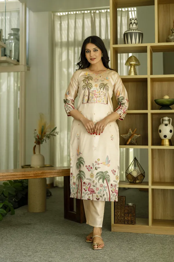 Cream Threadwork Printed Readymade Salwar Suit