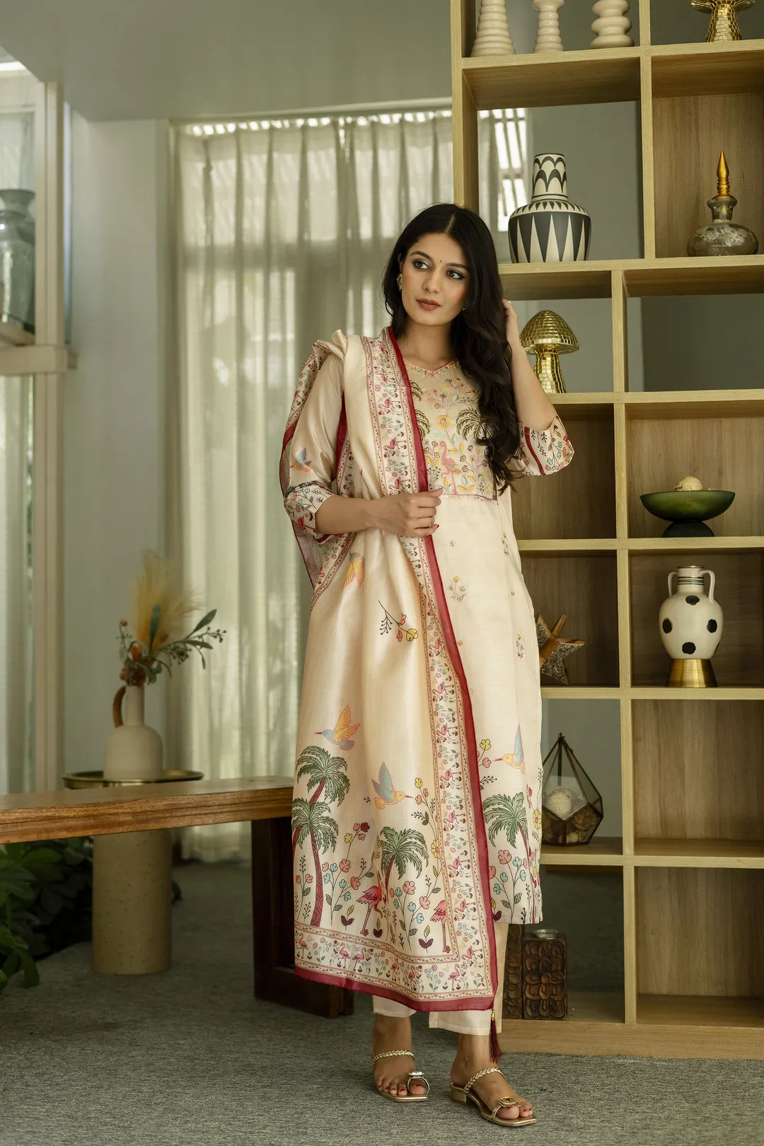 Cream Threadwork Printed Readymade Salwar Suit