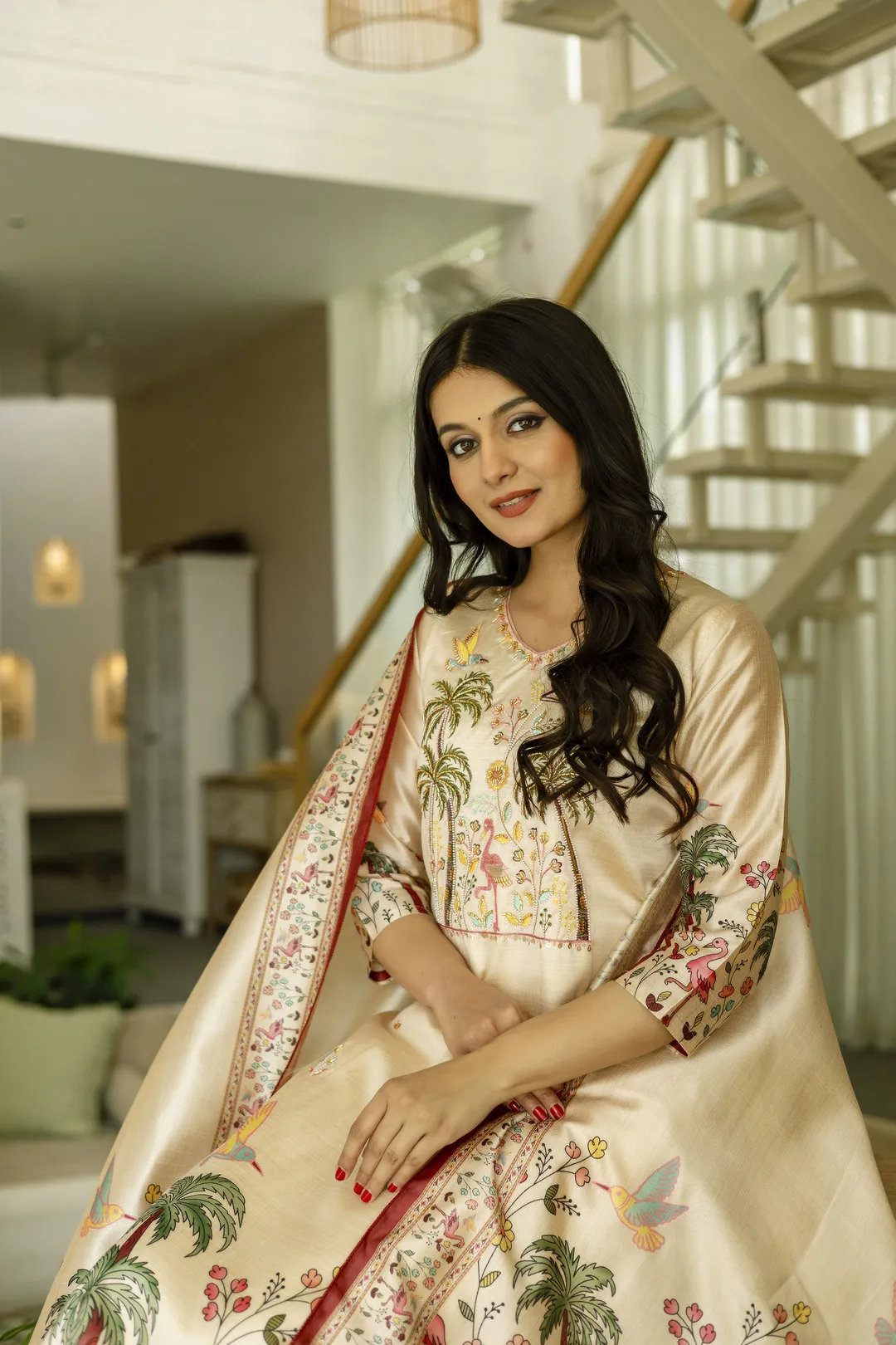 Cream Threadwork Printed Readymade Salwar Suit