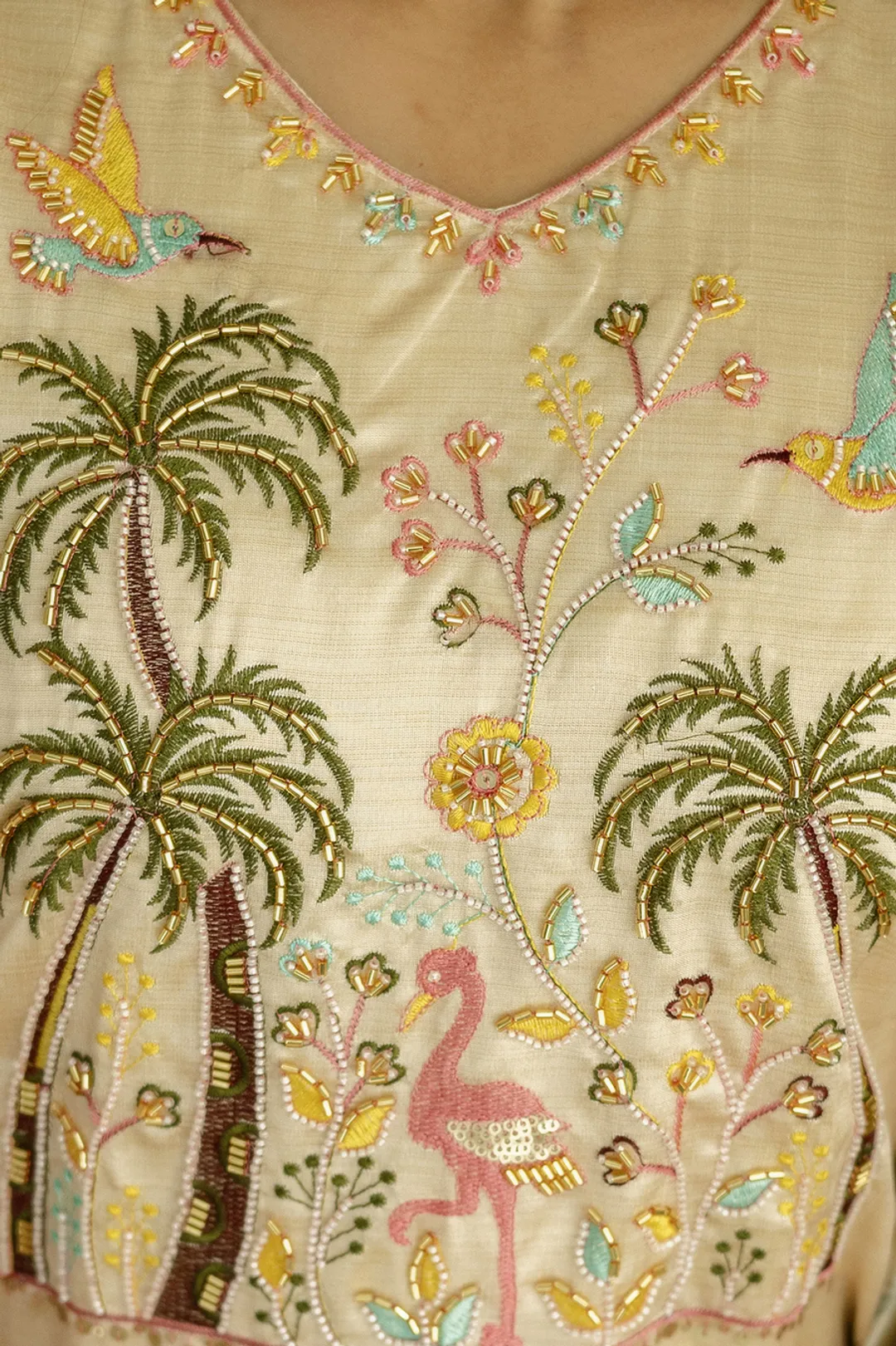 Cream Threadwork Printed Readymade Salwar Suit