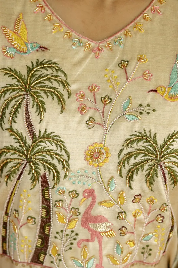 Cream Threadwork Printed Readymade Salwar Suit
