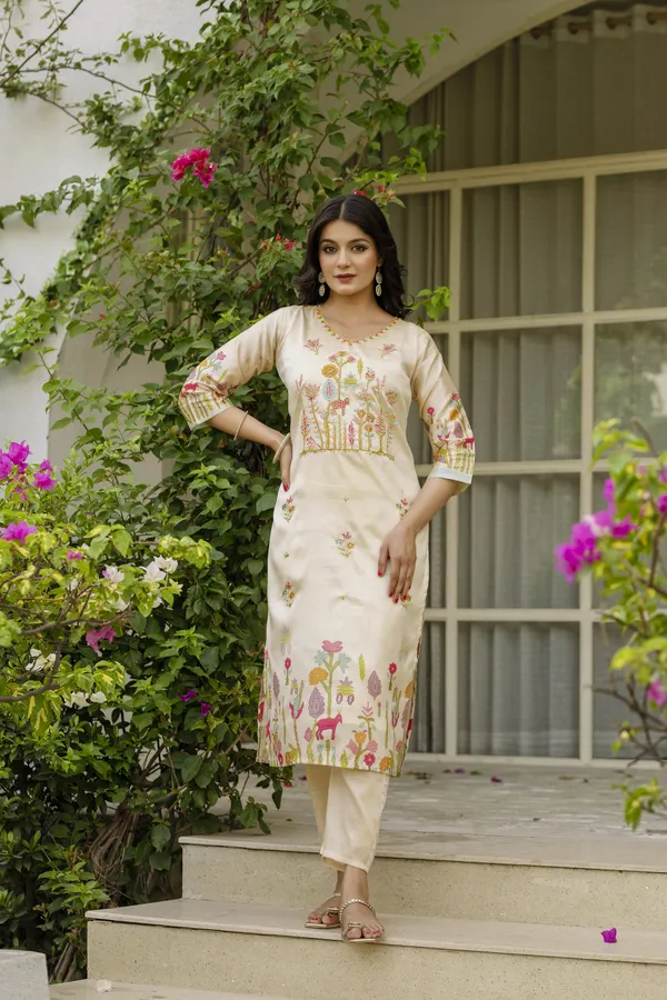 Cream Threadwork Salwar Suit