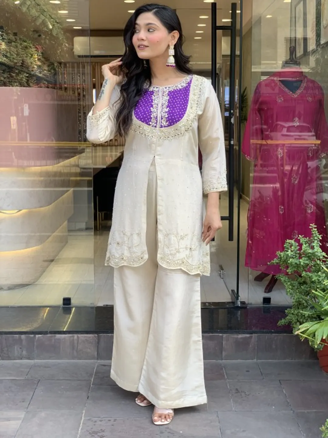 White Cording Threadwork Roman Silk Salwar Suit