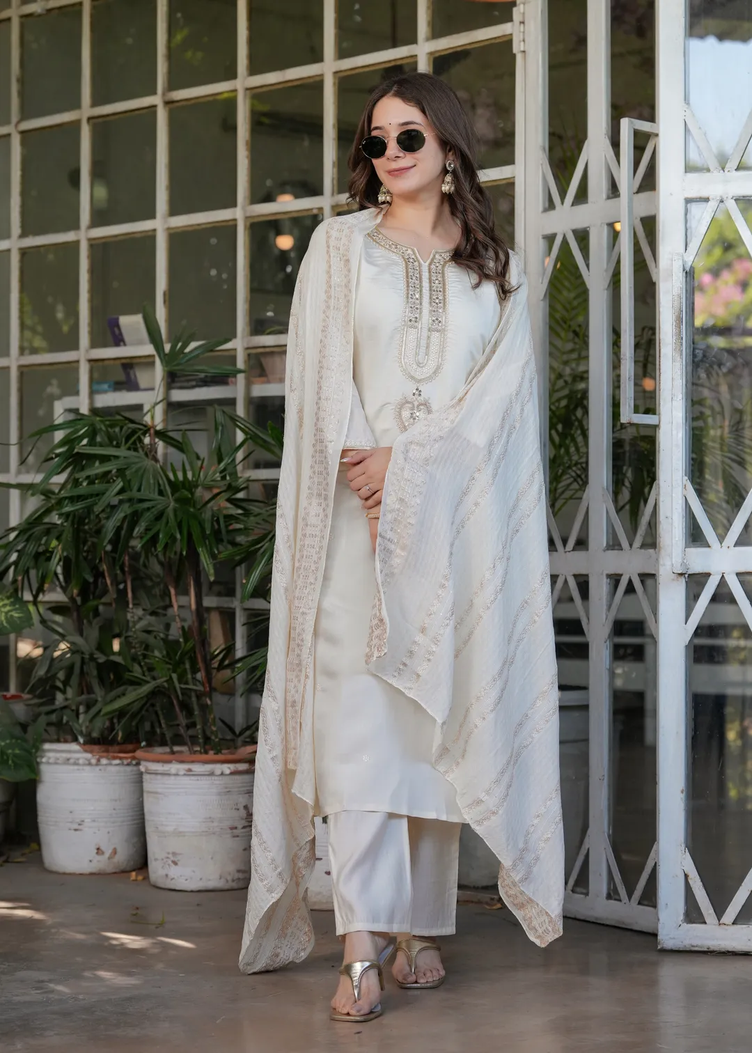 Elegant White Chanderi Threadwork Suit with Dupatta