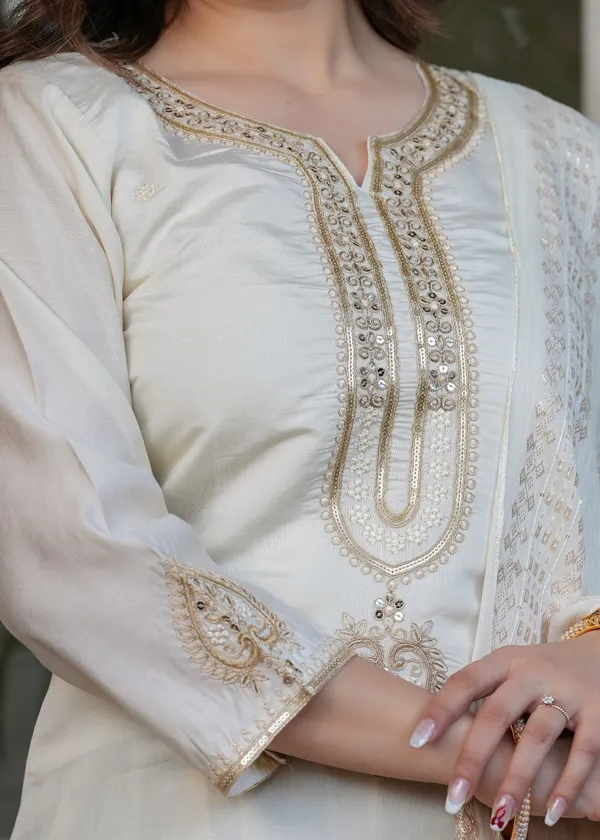 Elegant White Chanderi Threadwork Suit with Dupatta