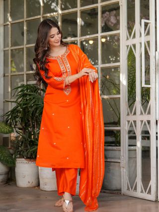 Designer Orange Chanderi Threadwork Kurta Set with Dupatta