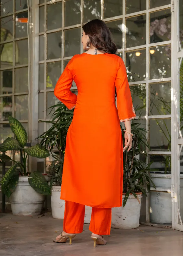 Designer Orange Chanderi Threadwork Kurta Set with Dupatta