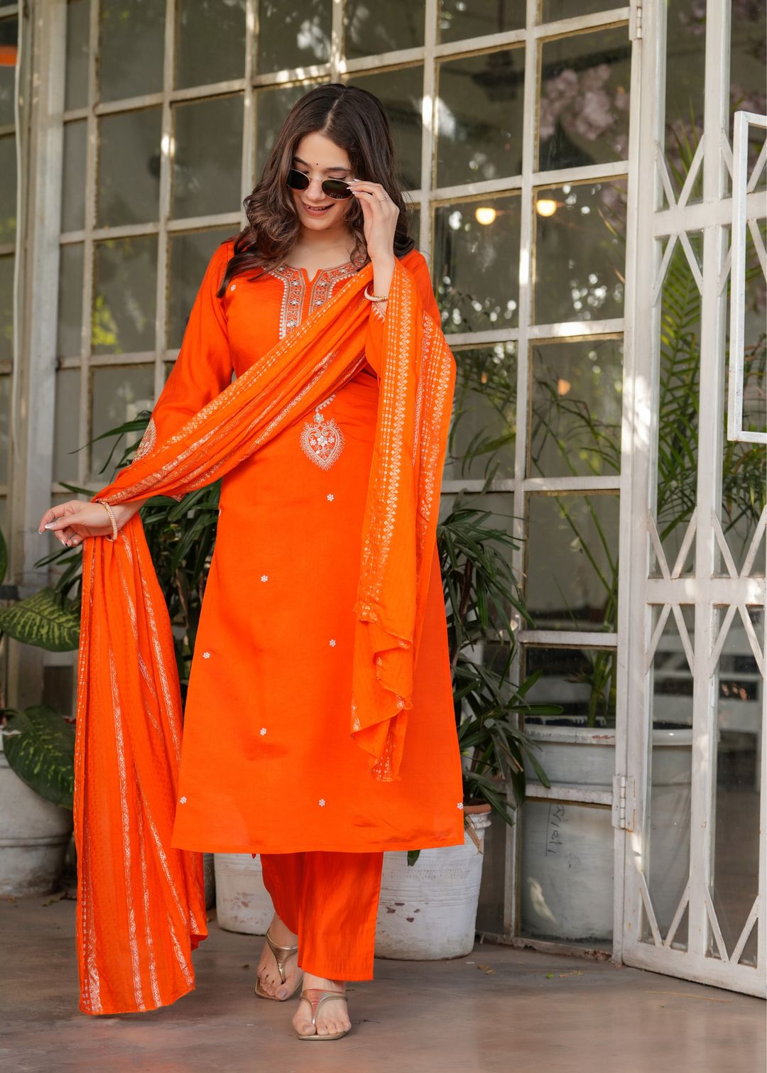 Designer Orange Chanderi Threadwork Kurta Set with Dupatta