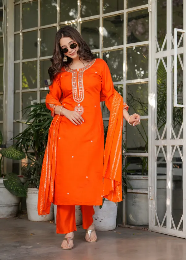Designer Orange Chanderi Threadwork Kurta Set with Dupatta