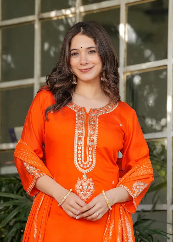 Designer Orange Chanderi Threadwork Kurta Set with Dupatta