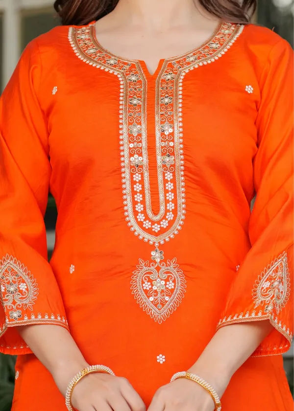 Designer Orange Chanderi Threadwork Kurta Set with Dupatta