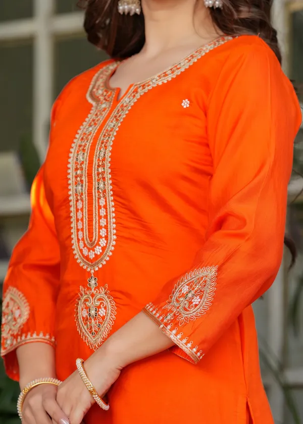 Designer Orange Chanderi Threadwork Kurta Set with Dupatta