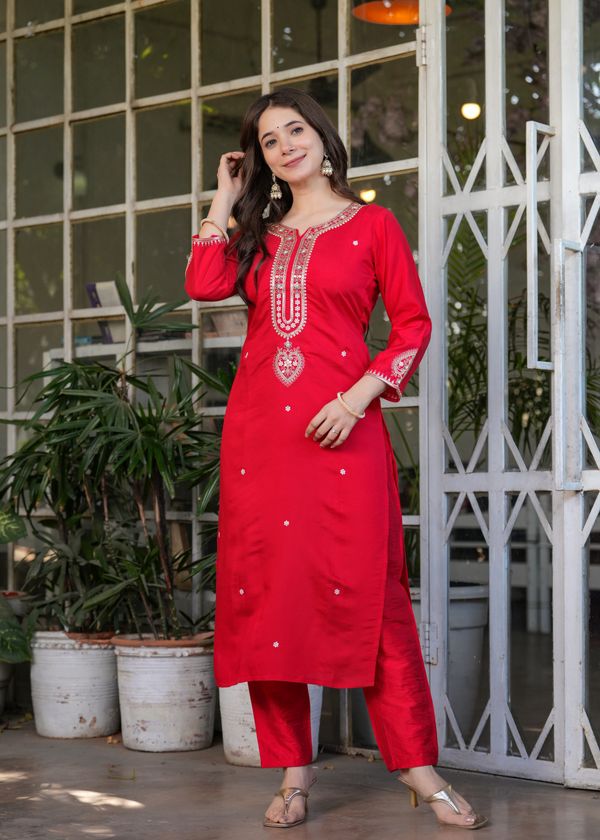 Red Chanderi Threadwork Suit Set for Women