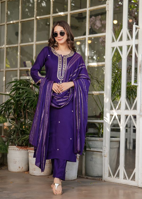 Purple Designer Chanderi Threadwork Kurta Pant Set