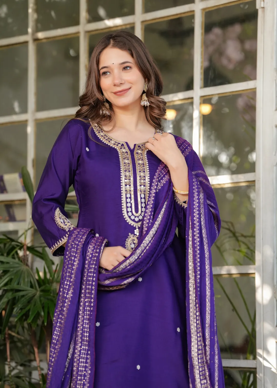 Purple Designer Chanderi Threadwork Kurta Pant Set