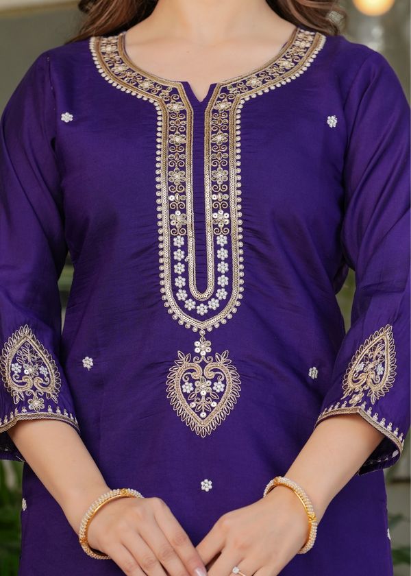 Purple Designer Chanderi Threadwork Kurta Pant Set