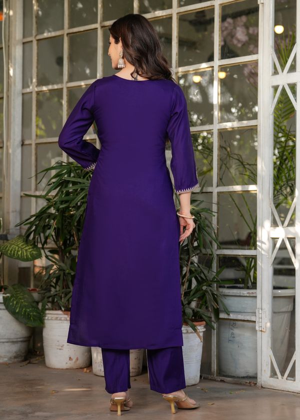 Purple Designer Chanderi Threadwork Kurta Pant Set