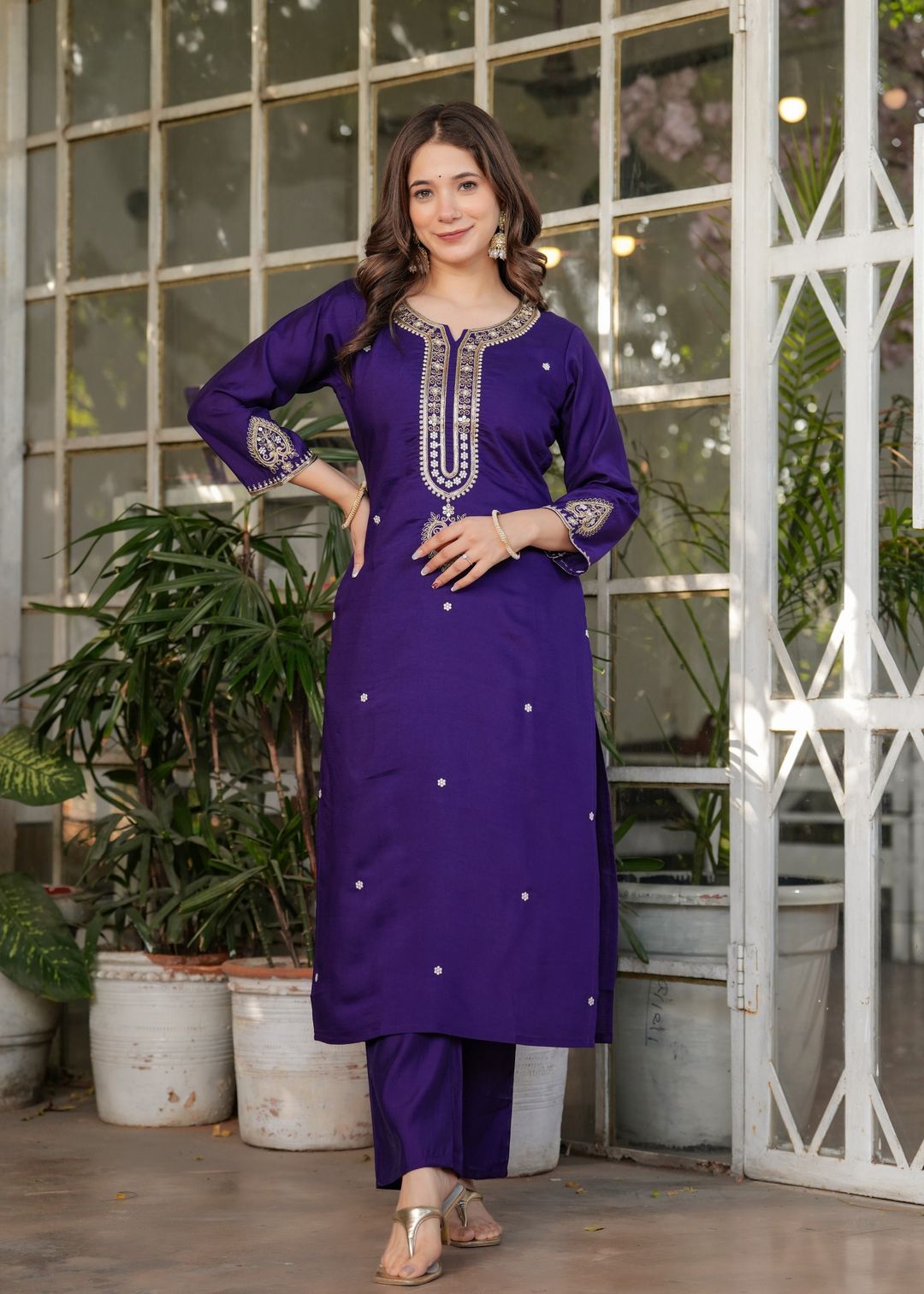 Purple Designer Chanderi Threadwork Kurta Pant Set