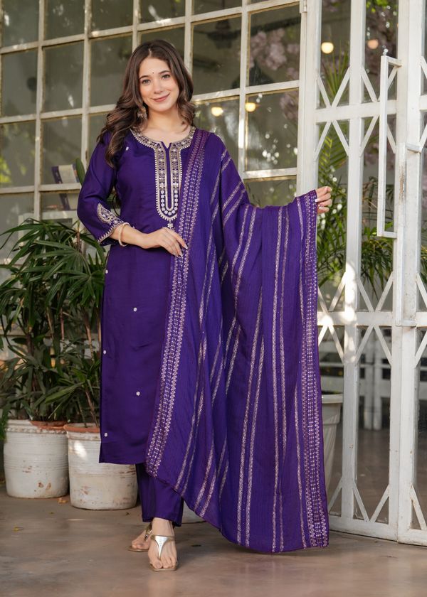 Purple Designer Chanderi Threadwork Kurta Pant Set