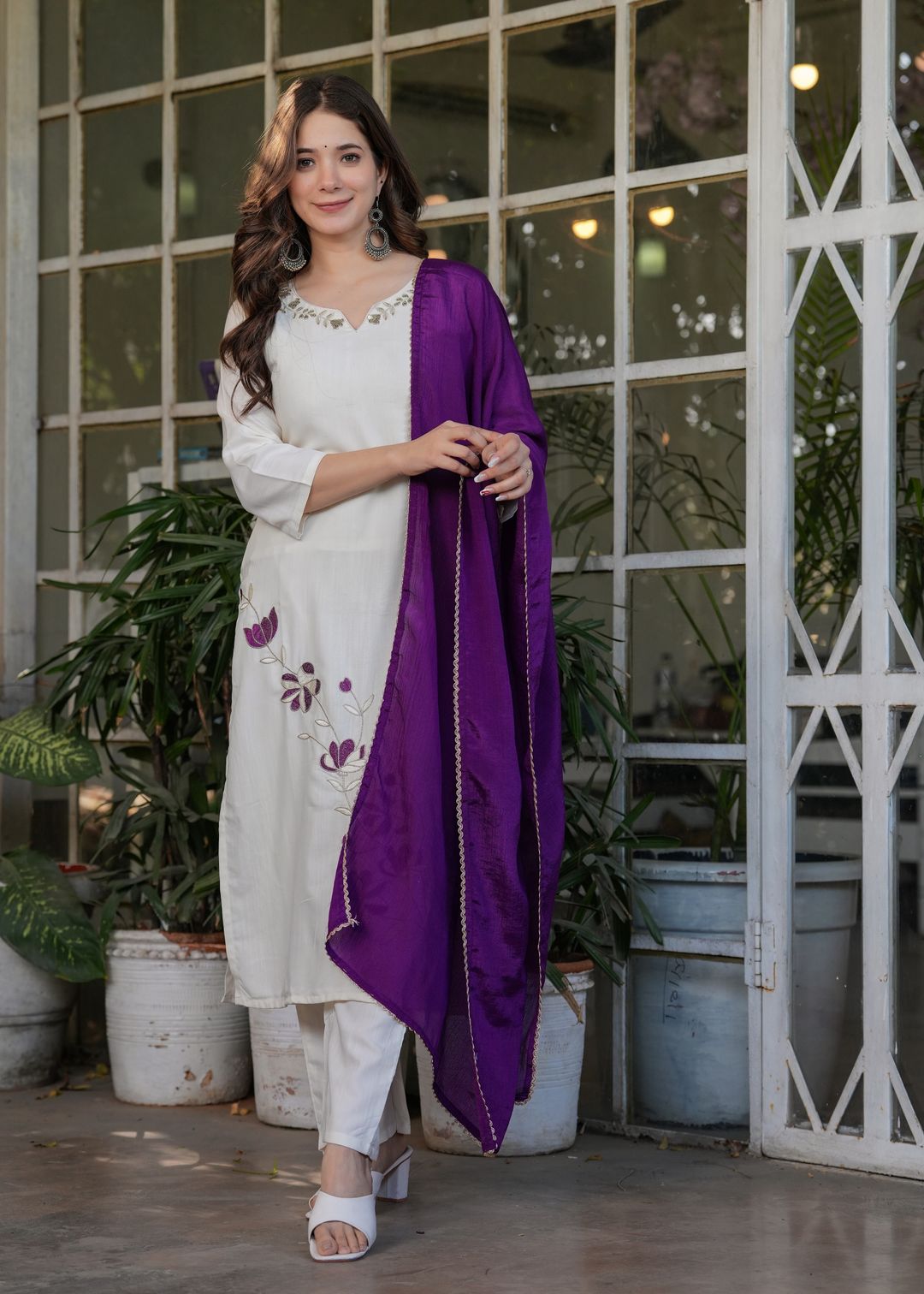 White Designer Threadwork Suit with Chinon Dupatta