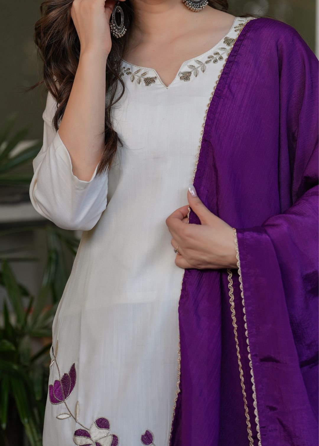 White Designer Threadwork Suit with Chinon Dupatta