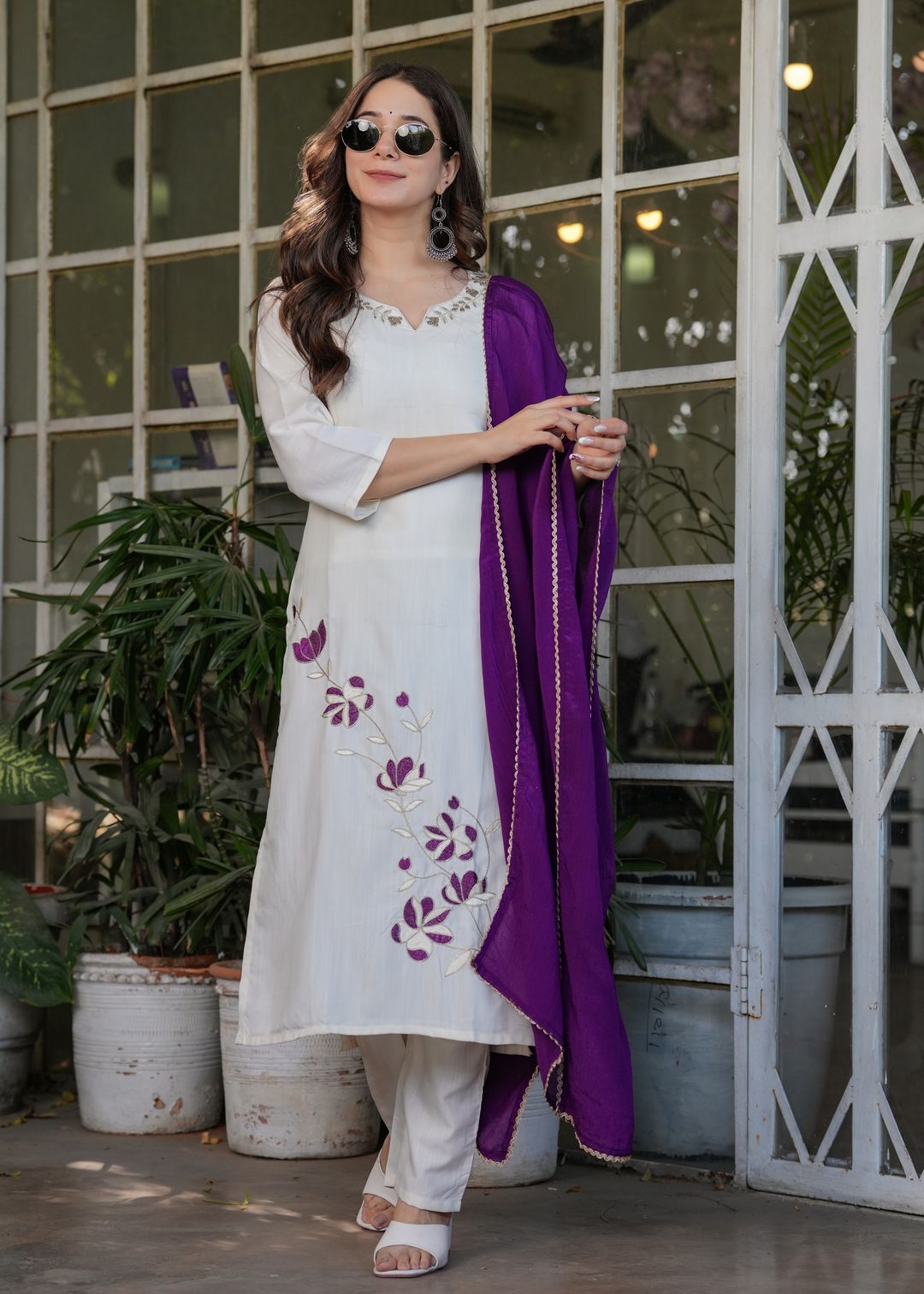 White Designer Threadwork Suit with Chinon Dupatta
