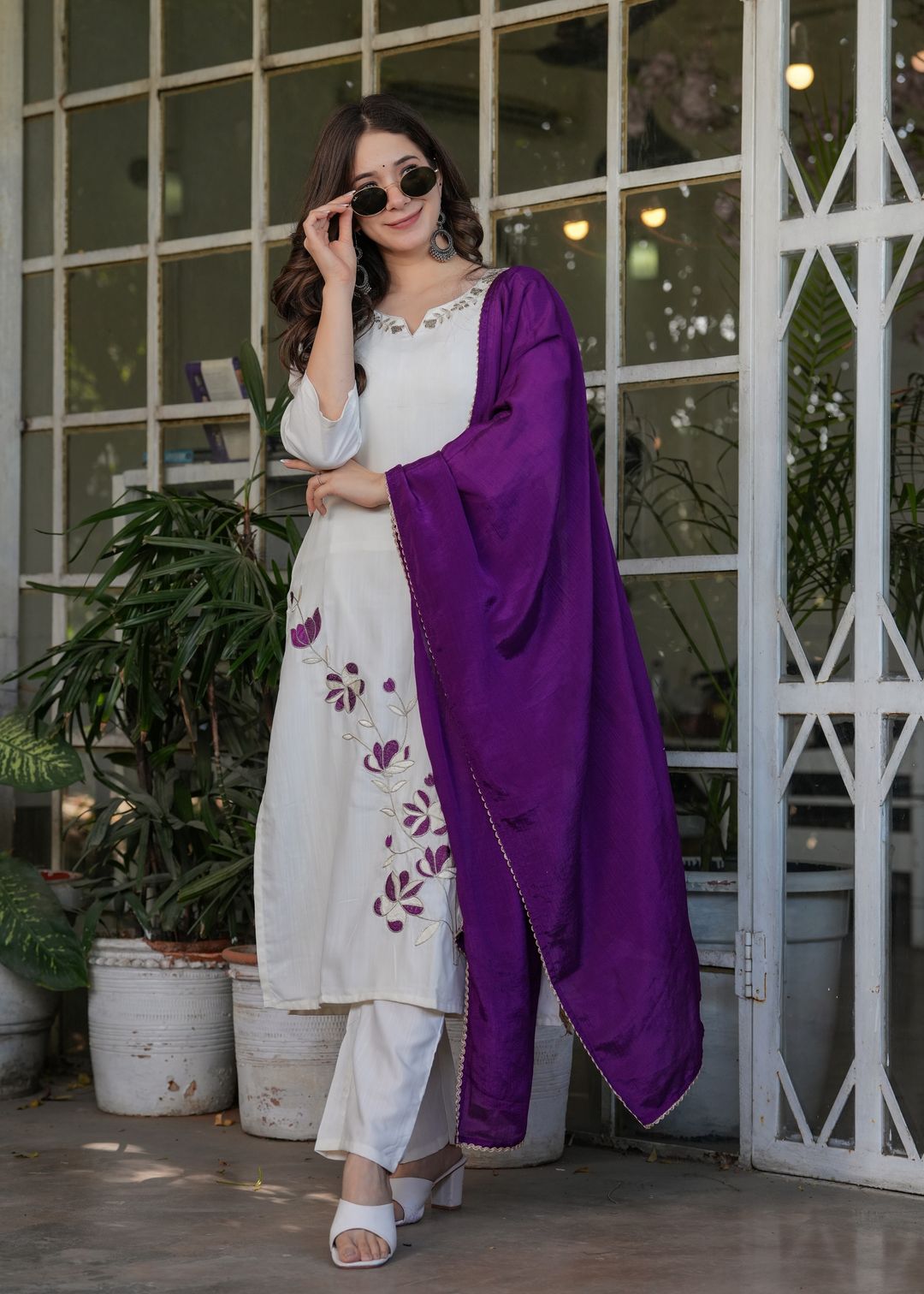 White Designer Threadwork Suit with Chinon Dupatta