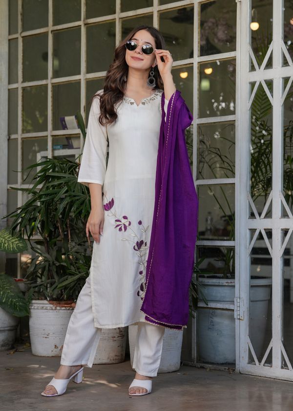 White Designer Threadwork Suit with Chinon Dupatta