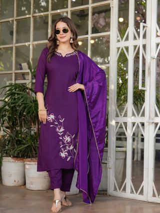 Purple Designer Rayon Threadwork Suit for Women