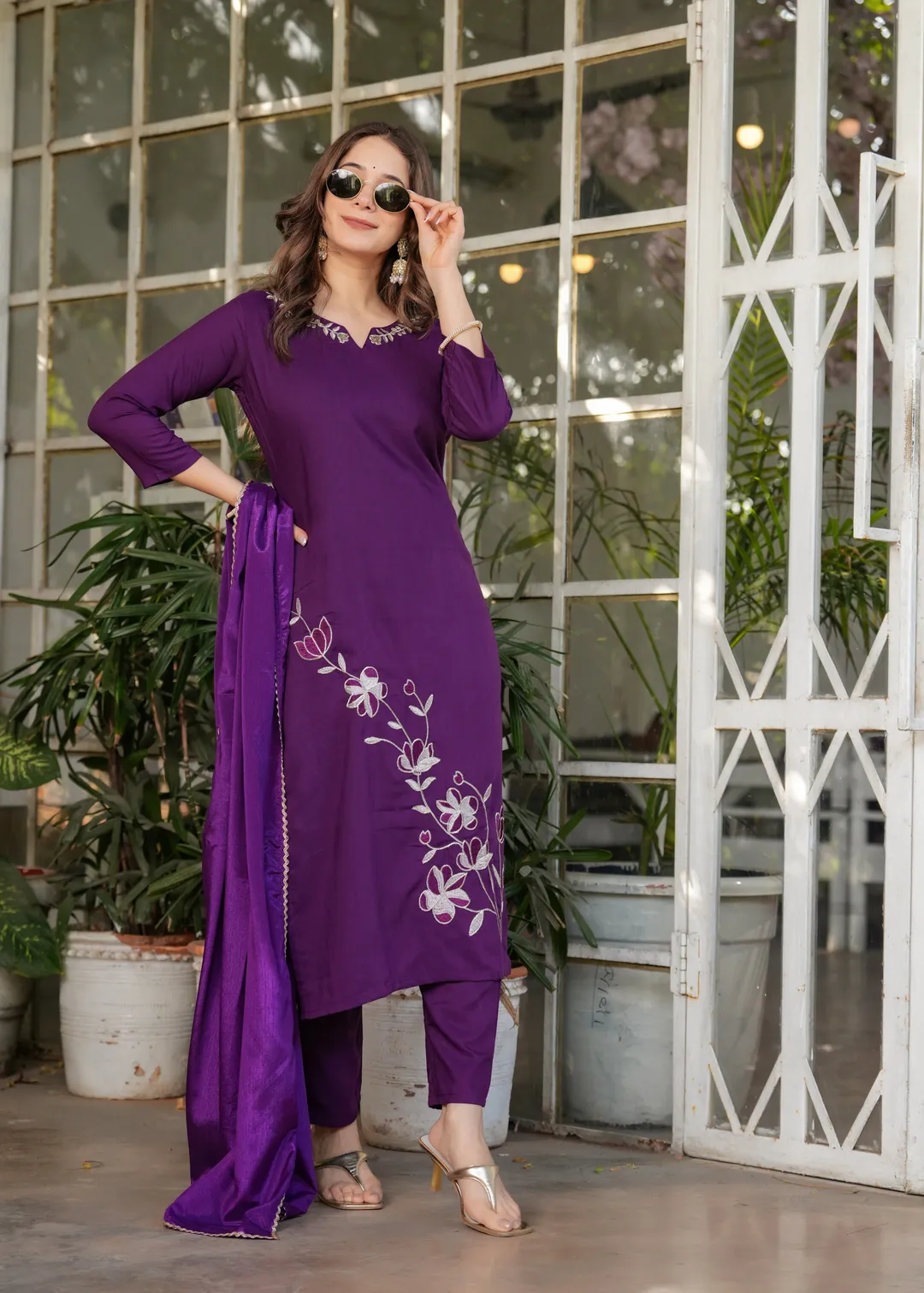 Purple Designer Rayon Threadwork Suit for Women