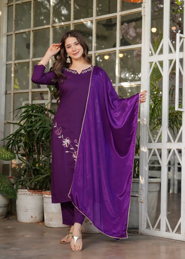 Purple Designer Rayon Threadwork Suit for Women