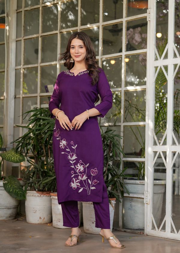 Purple Designer Rayon Threadwork Suit for Women