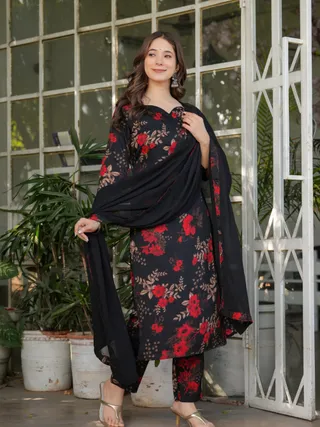 Black Floral Printed Silk Blend Salwar Suit