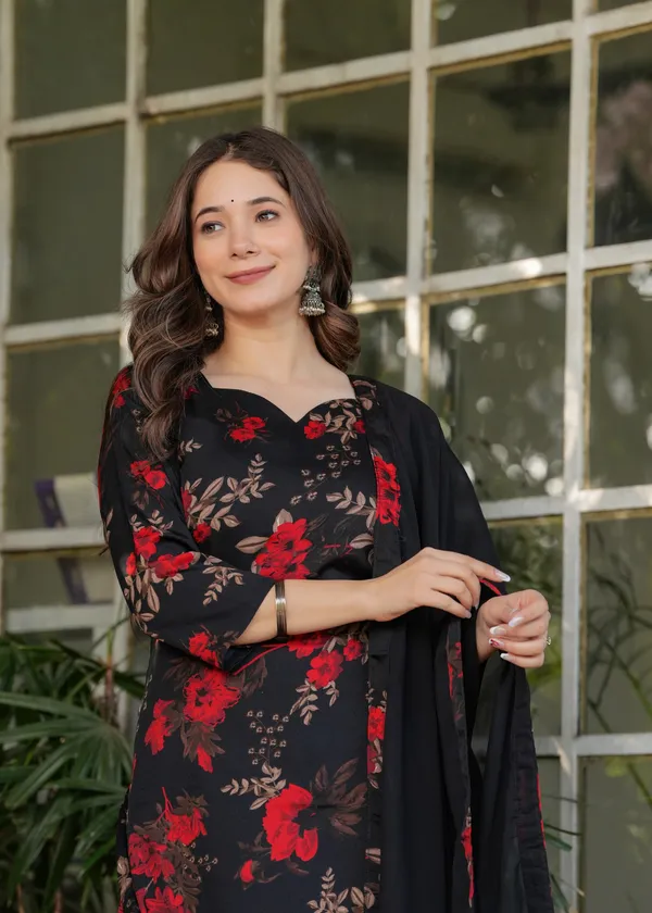 Black Floral Printed Silk Blend Salwar Suit