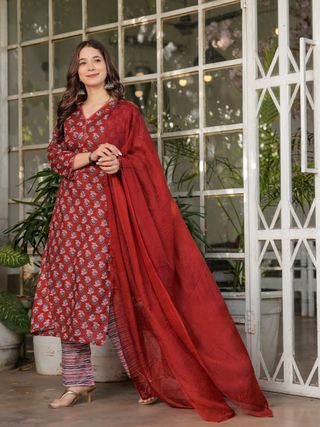 Red Silk Blend Floral Straight Suit with Dupatta
