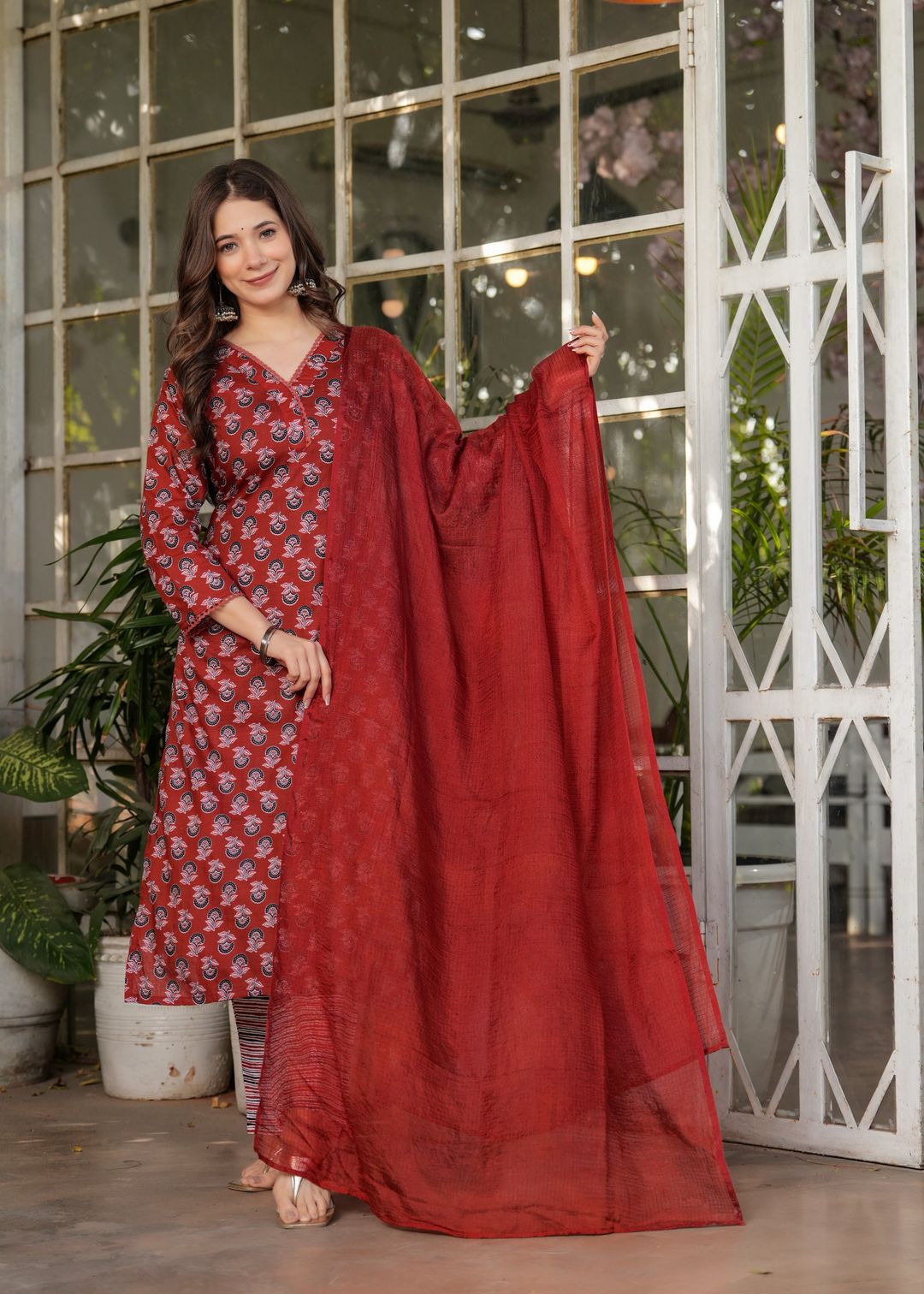 Red Silk Blend Floral Straight Suit with Dupatta