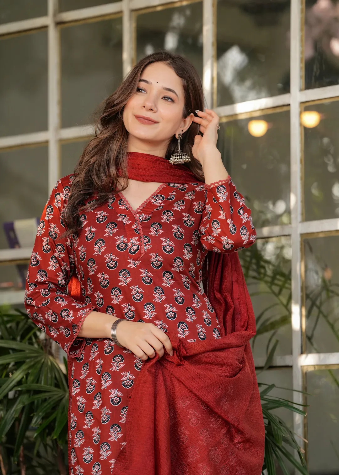 Red Silk Blend Floral Straight Suit with Dupatta